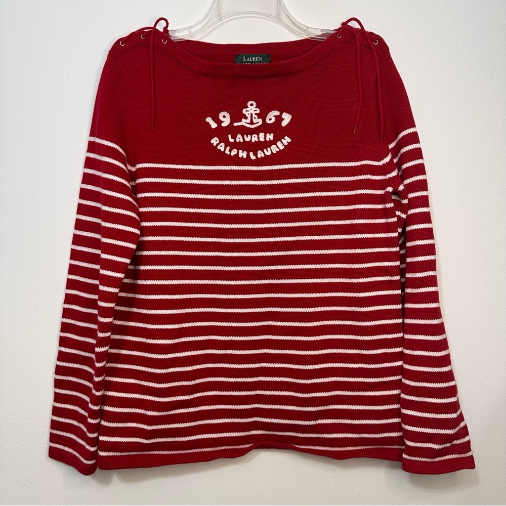 Ralph Lauren Red White Boat Neck Sweater Tie Shoulder Nautical Preppy Classic
